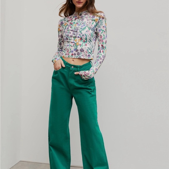 Cider Floral Mock Neck Long Sleeve Top in Cream Green Pink - Picture 3 of 4